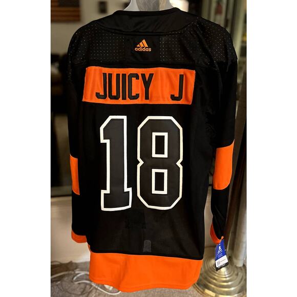 Flyers Jersey -New Sz:52 Customized "Juicy J" #18 NHL Hockey Adidas Black/Orange - Picture 2 of 5